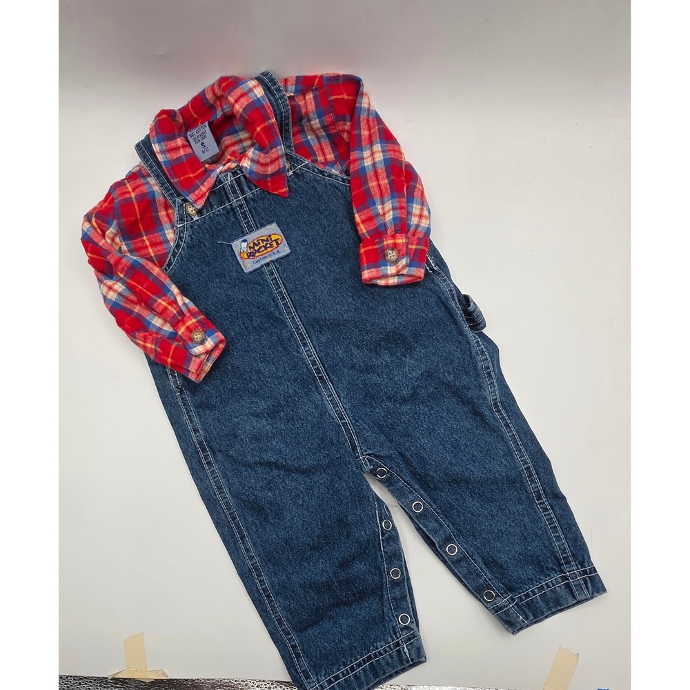 Mini Rocket Vintage Denim Overalls and Plaid Flannel Shirt‎ Set Red Blue 6-12M